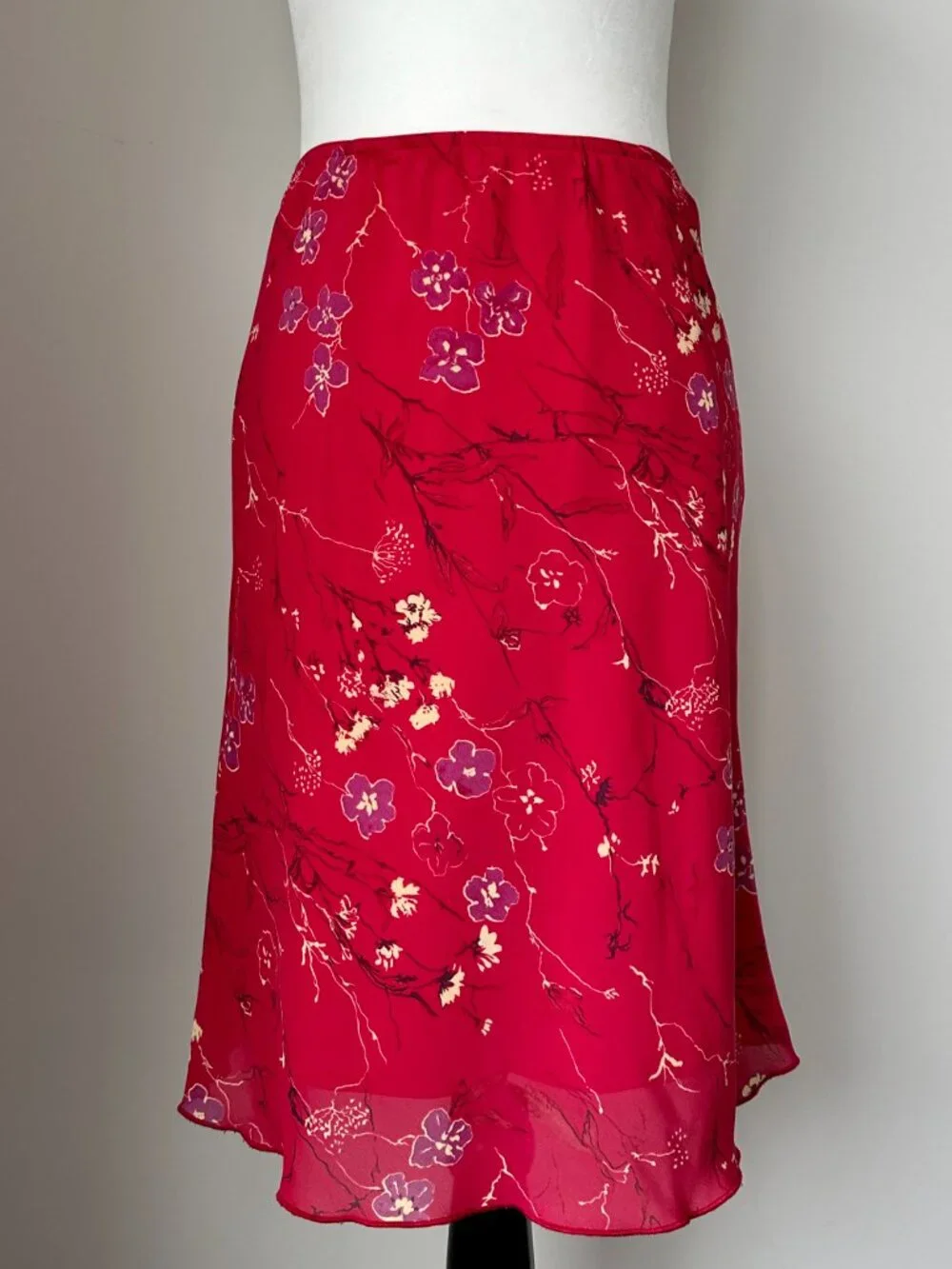🍒 Vintage Red Floral Slip Skirt Bias Cut Oriental Inspired Midi Y2K Small - Picture 2 of 5